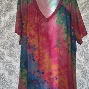 Colorful Butterfly Print Sheer Top